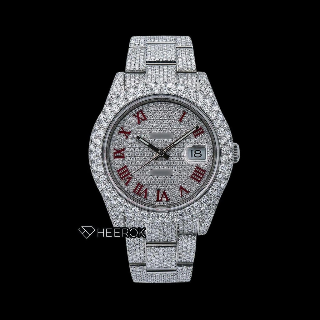 Rolex Datejust Diamond Paved Dial Pink Roman Numerals Diamond Bezel Fully Iced Moissanite Diamond Oyster Bracelet Watch