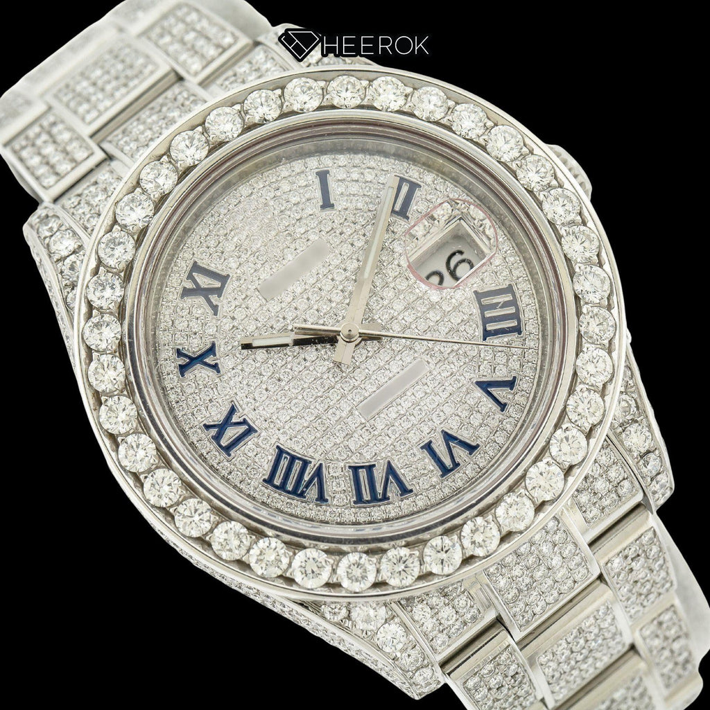 Rolex Datejust Diamond Paved Dial Roman Numerals Diamond Bezel Fully Iced Out Moissanite Diamond Oyster Bracelet Watch