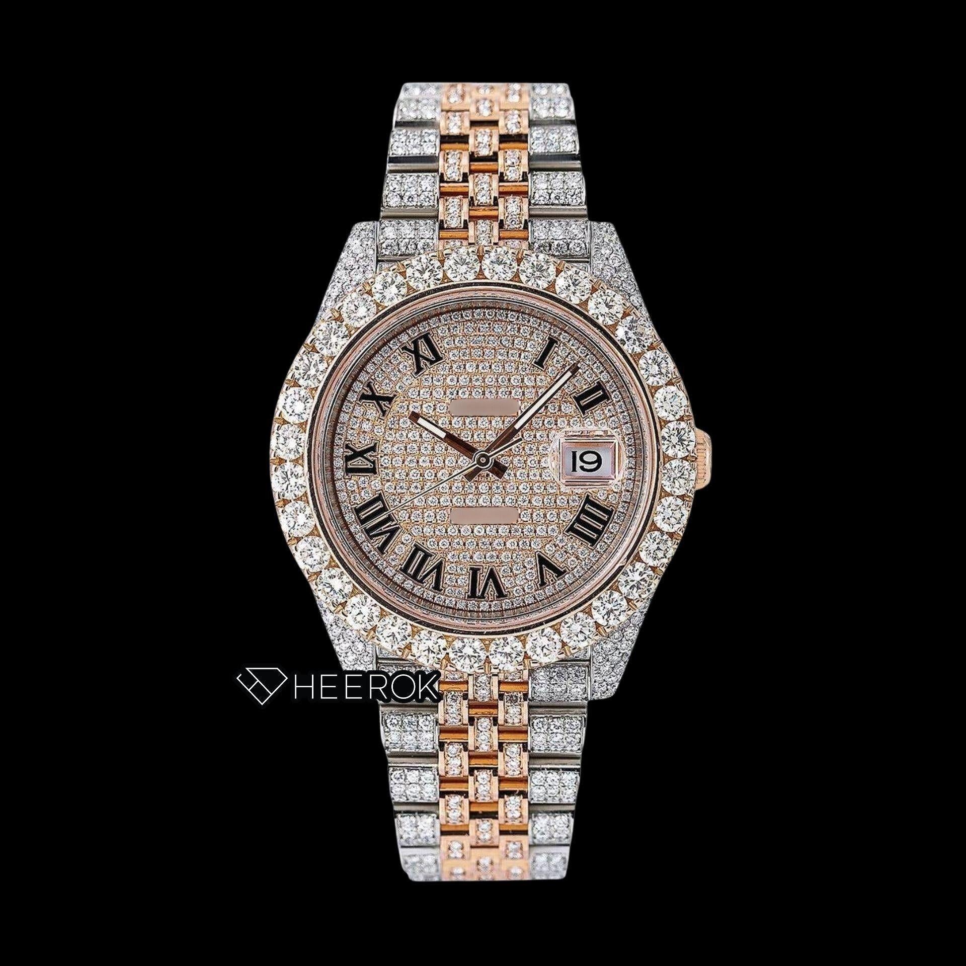 Rolex Datejust Diamond Paved Dial Roman Numerals Large Round Diamond Bezel Two Tone Rose Gold Fully Iced Moissanite Diamond Jubilee Bracelet