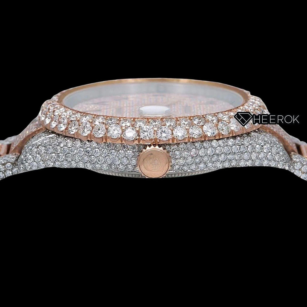 Rolex Datejust Diamond Paved Rose Gold Dial Arabic Numerals Diamond Bezel Two Tone Rose Gold Fully Iced Moissanite Diamond Oyster Bracelet