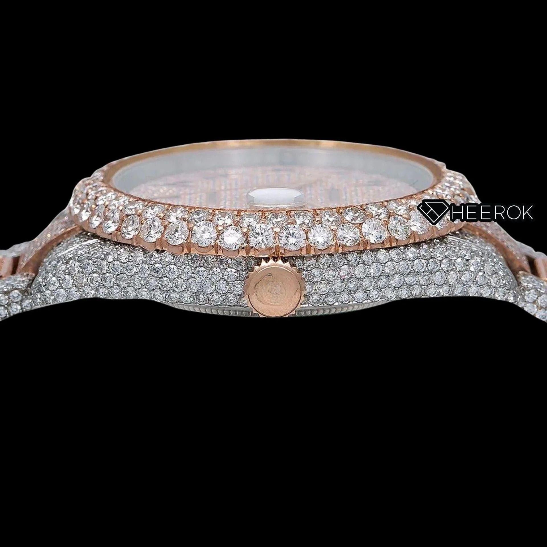 Rolex Datejust Diamond Paved Rose Gold Dial Arabic Numerals Diamond Bezel Two Tone Rose Gold Fully Iced Moissanite Diamond Oyster Bracelet