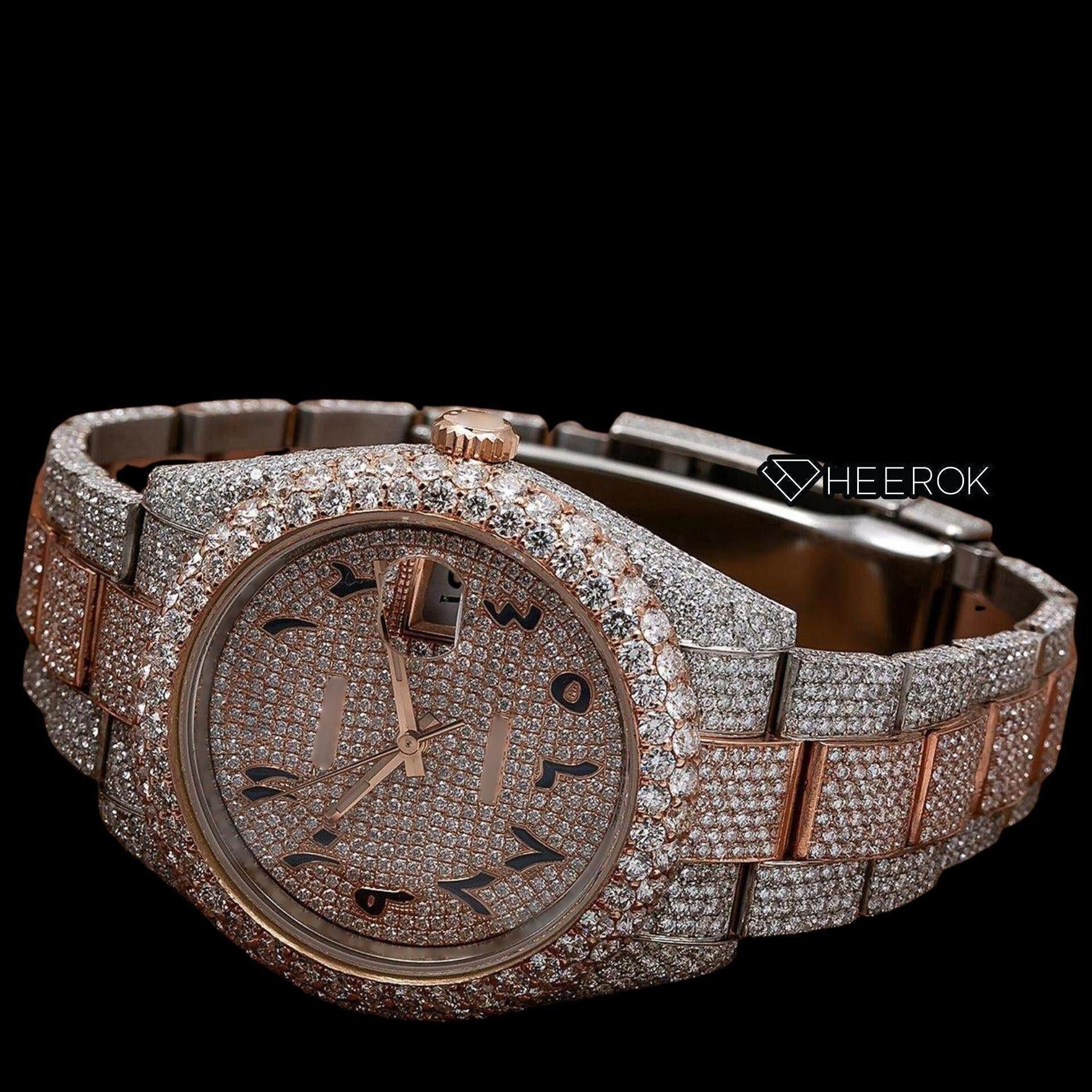 Rolex Datejust Diamond Paved Rose Gold Dial Arabic Numerals Diamond Bezel Two Tone Rose Gold Fully Iced Moissanite Diamond Oyster Bracelet