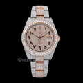 Rolex Datejust Diamond Paved Rose Gold Dial Arabic Numerals Diamond Bezel Two Tone Rose Gold Fully Iced Moissanite Diamond Oyster Bracelet