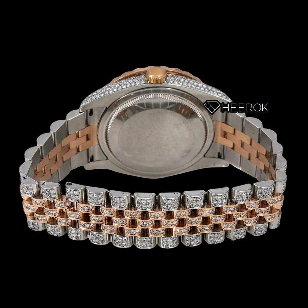 Rolex Datejust Diamond Paved Rose Gold Dial Red Arabic Numerals Diamond Bezel Two Tone Rose Gold Fully Iced Moissanite Diamond Jubilee Bracelet For Women