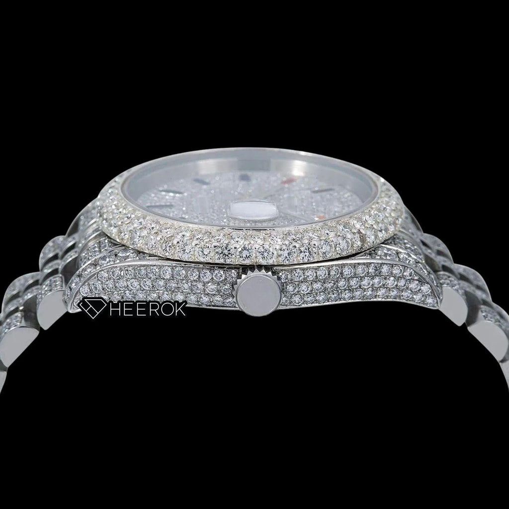 Rolex Datejust Diamond Paved White Dial Multicolor Stick Markers Diamond Bezel Fully Iced Moissanite Diamond Jubilee Bracelet For Women