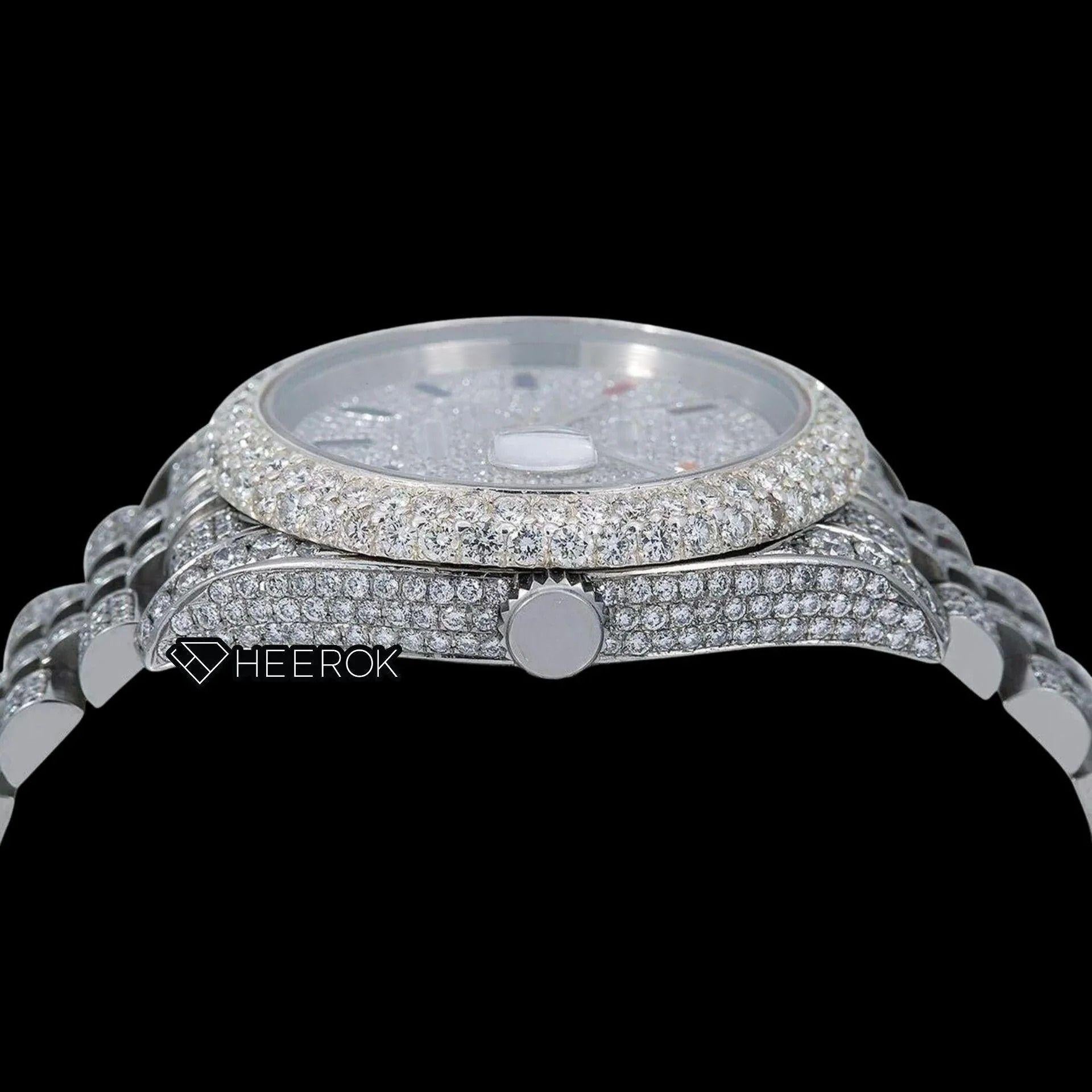 Rolex Datejust Diamond Paved White Dial Multicolor Stick Markers Diamond Bezel Fully Iced Moissanite Diamond Jubilee Bracelet For Women