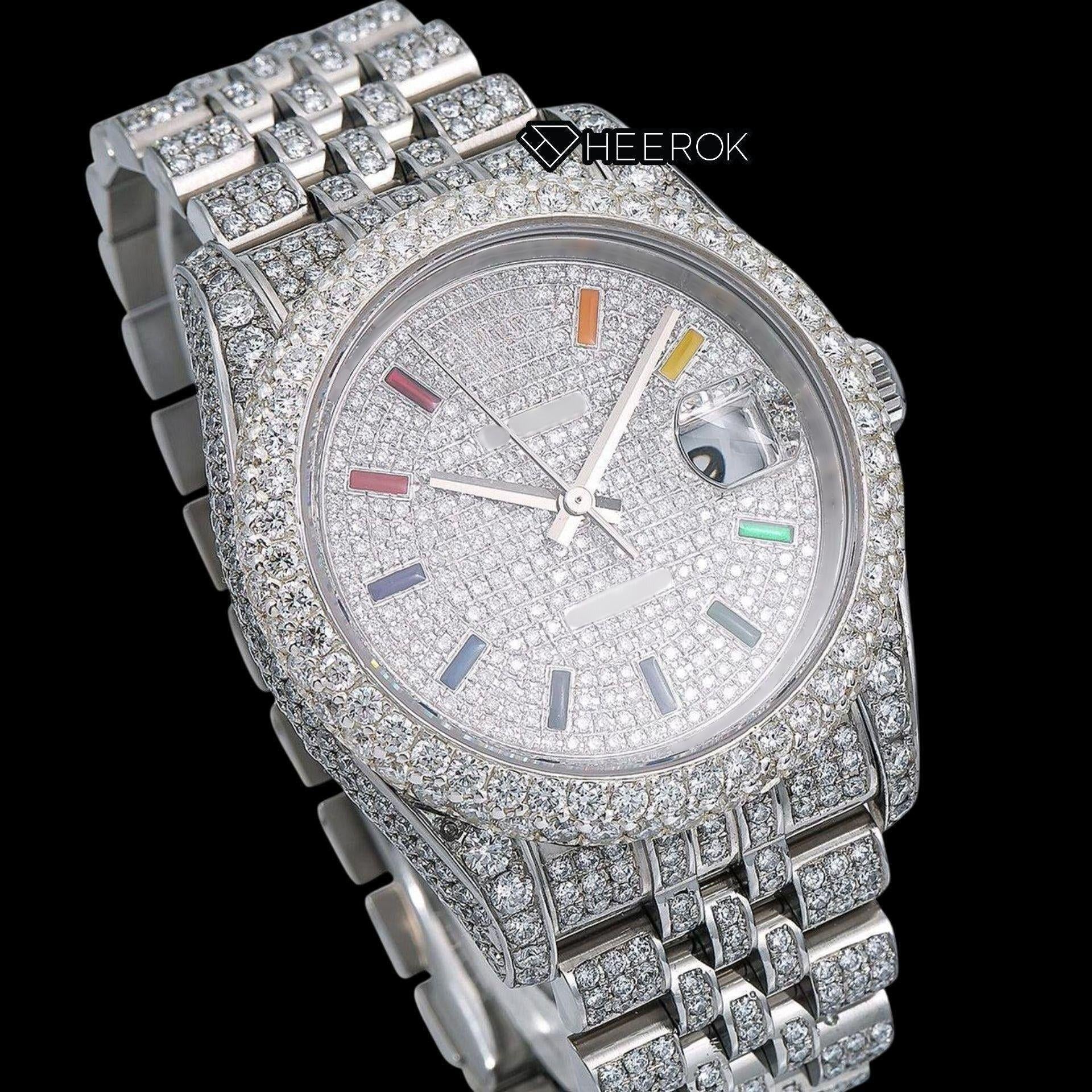 Rolex Datejust Diamond Paved White Dial Multicolor Stick Markers Diamond Bezel Fully Iced Moissanite Diamond Jubilee Bracelet For Women