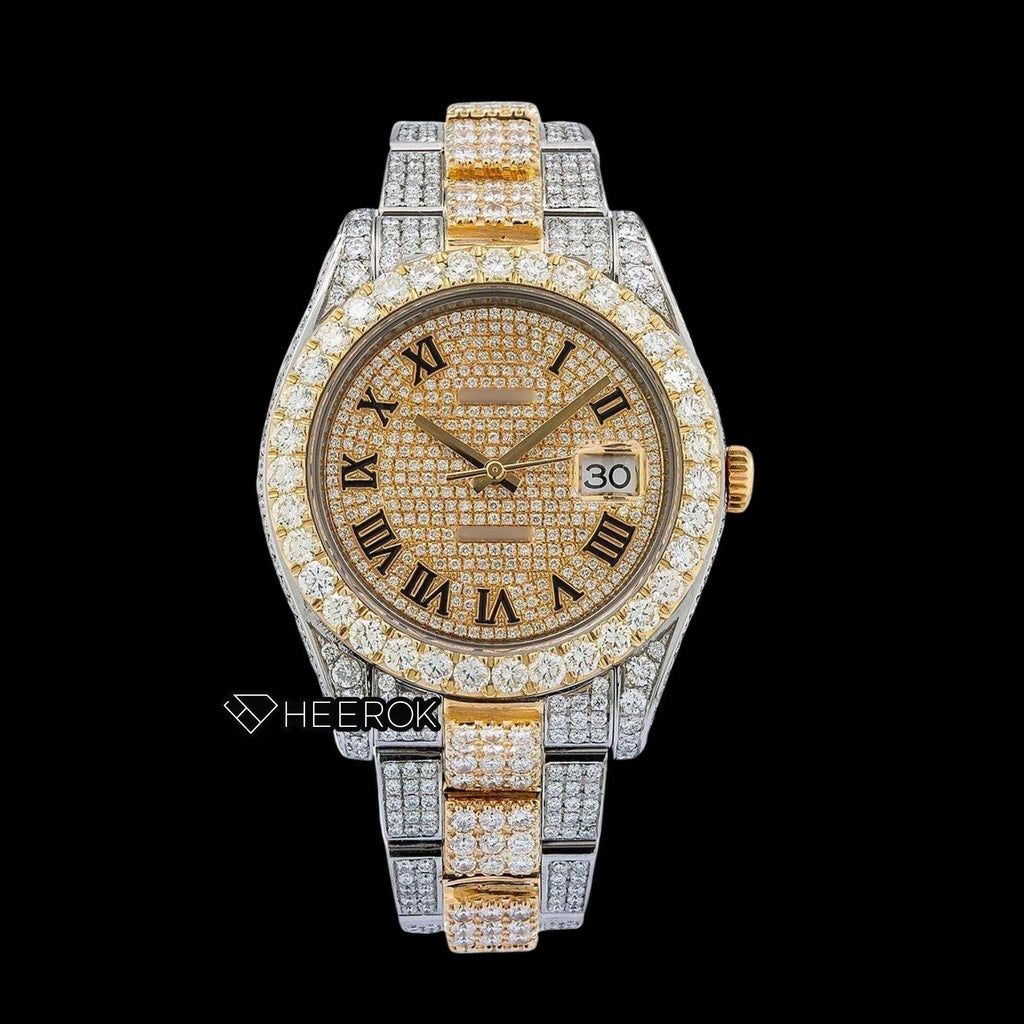 Rolex Datejust Diamond Paved Yellow Dial Roman Numerals Diamond Bezel Two Tone Yellow Gold Bust Down Moissanite Diamond Oyster Bracelet Watch