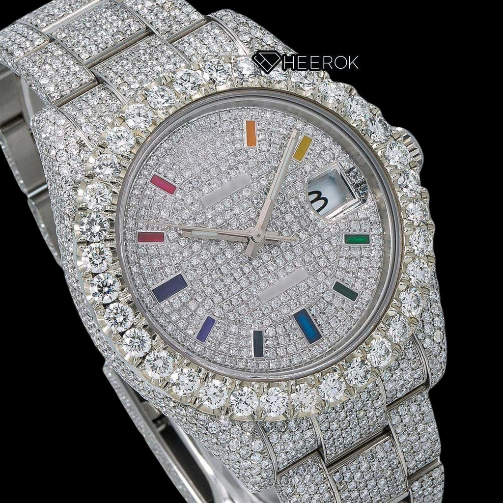 Rolex Datejust Full Diamond Paved Dial Multicolor Stick Markers Diamond Bezel Fully Iced Moissanite Diamond Oyster Bracelet