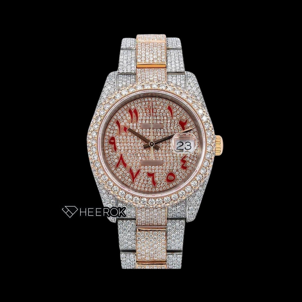 Rolex Datejust Full Diamond Paved Dial Red Arabic Numerals Diamond Bezel Two Tone Rose Gold Fully Iced Moissanite Diamond Oyster Bracelet For Women