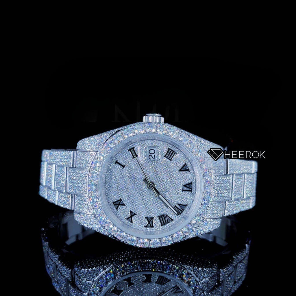 Rolex Datejust Full Pave Dial Black Roman Numerals Diamond Bezel Fully Iced Moissanite Diamond Oyster Bracelet