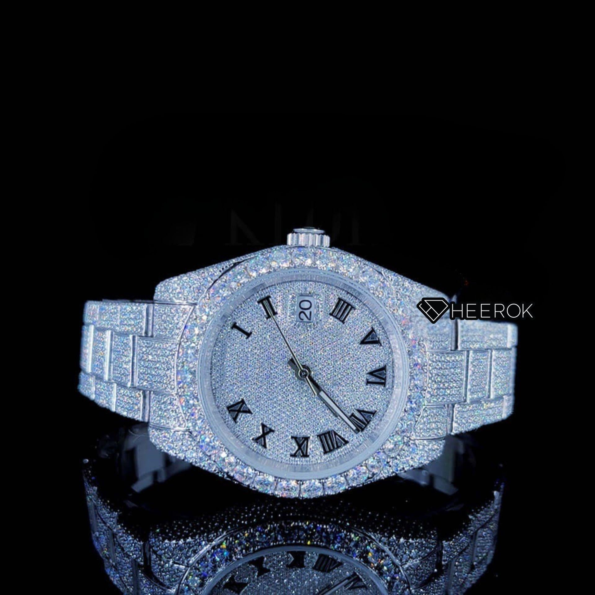Rolex Datejust Full Pave Dial Black Roman Numerals Diamond Bezel Fully Iced Moissanite Diamond Oyster Bracelet