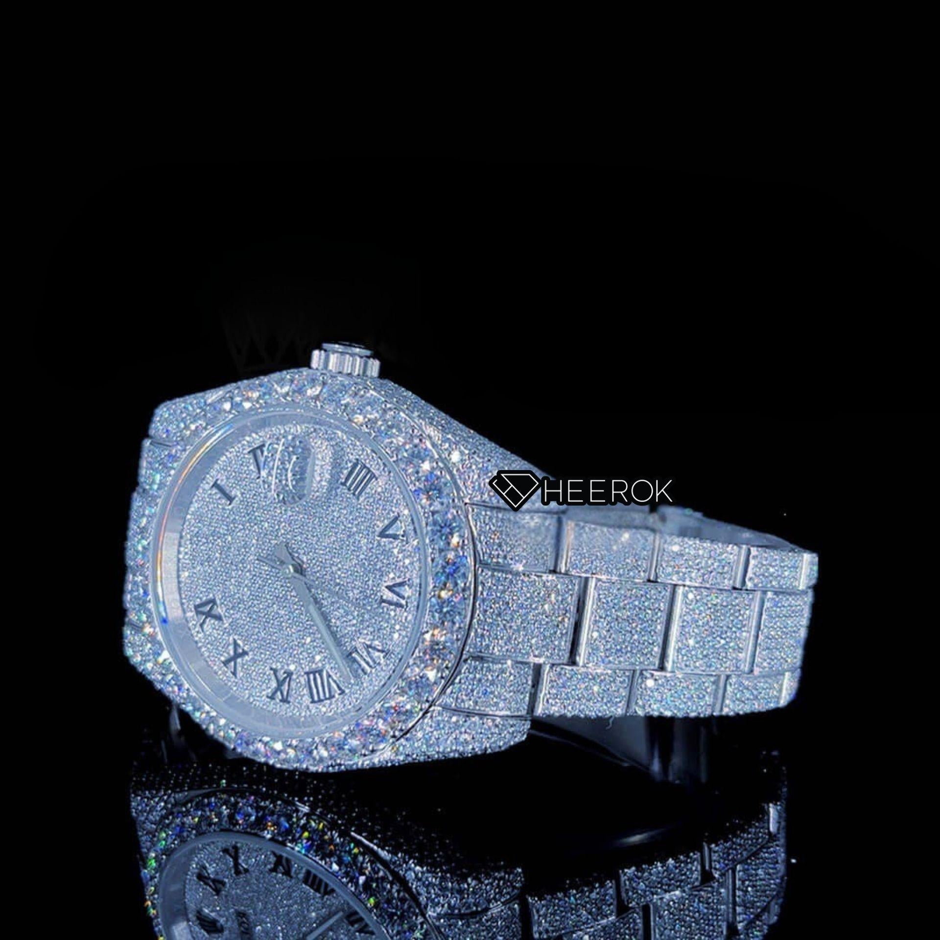 Rolex Datejust Full Pave Dial Black Roman Numerals Diamond Bezel Fully Iced Moissanite Diamond Oyster Bracelet