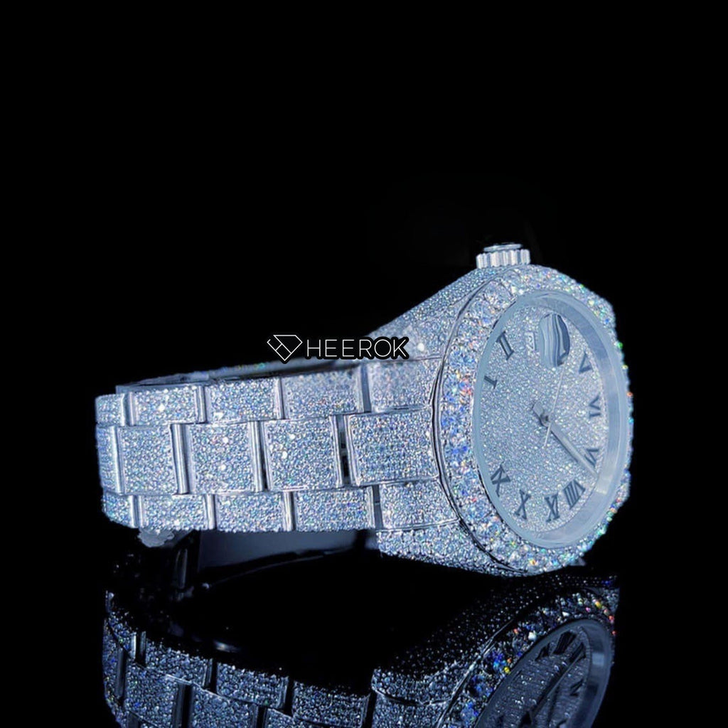 Rolex Datejust Full Pave Dial Black Roman Numerals Diamond Bezel Fully Iced Moissanite Diamond Oyster Bracelet