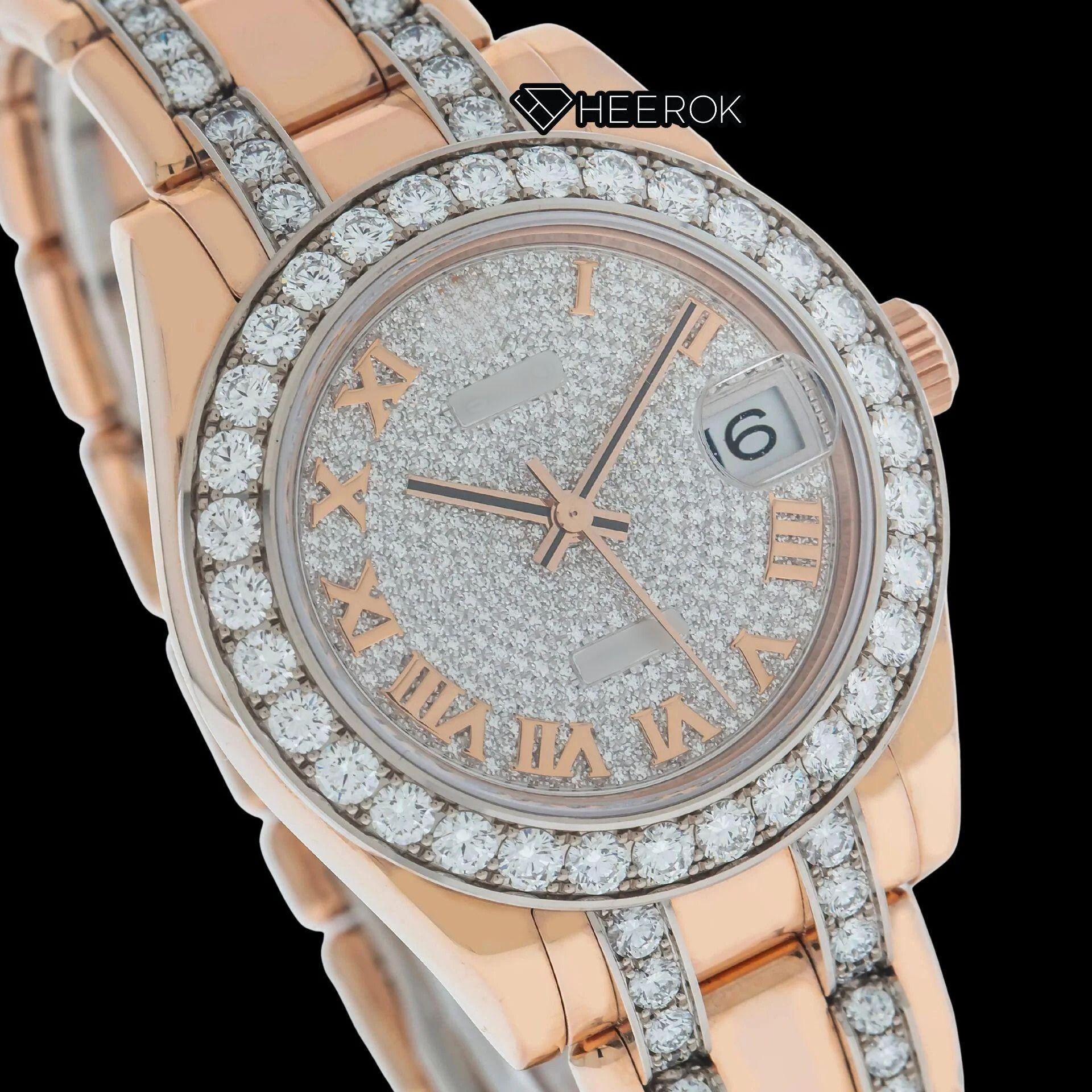 Rolex Datejust Full Pave Diamond Dial Roman Numerals Diamond Bezel Rose Gold Semi Iced Moissanite Diamond President Bracelet For Women
