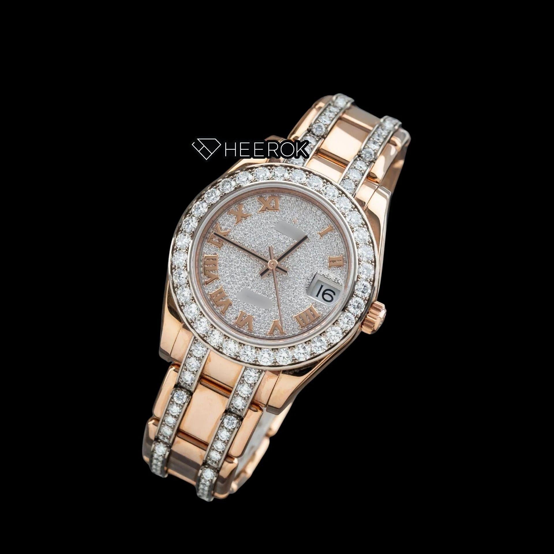 Rolex Datejust Full Pave Diamond Dial Roman Numerals Diamond Bezel Rose Gold Semi Iced Moissanite Diamond President Bracelet For Women