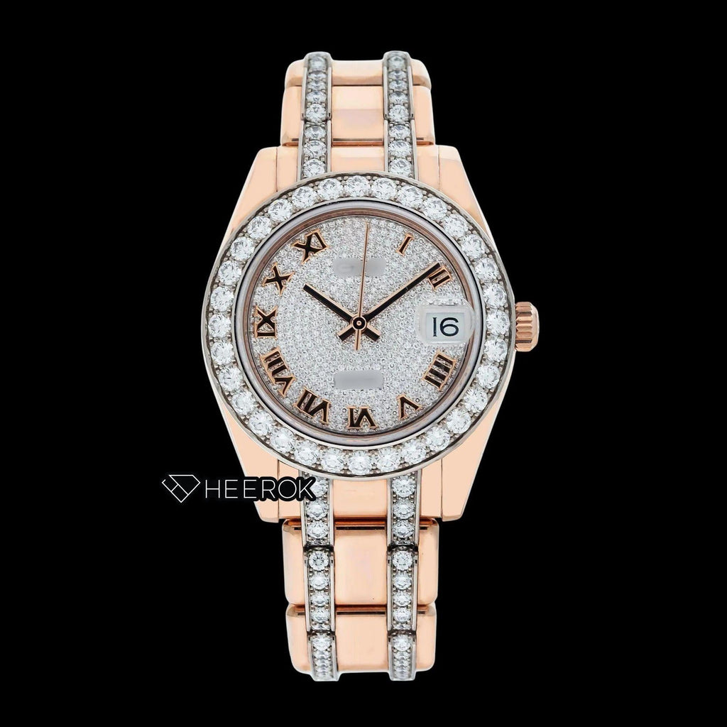 Rolex Datejust Full Pave Diamond Dial Roman Numerals Diamond Bezel Rose Gold Semi Iced Moissanite Diamond President Bracelet For Women