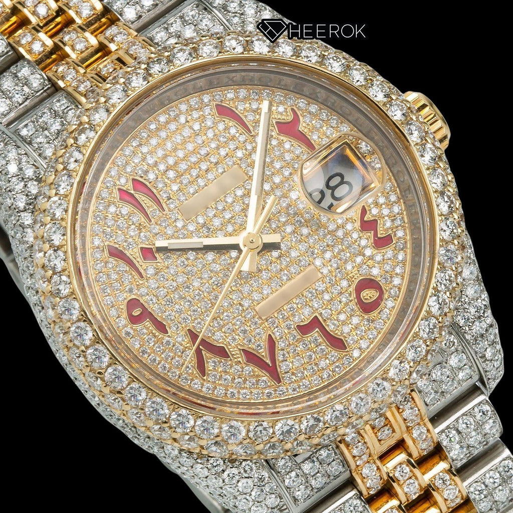 Rolex Datejust Full Pave Yellow Dial Red Arabic Numerals Diamond Bezel Two Tone Yellow Gold Moissanite Diamond Jubilee Bracelet For Women