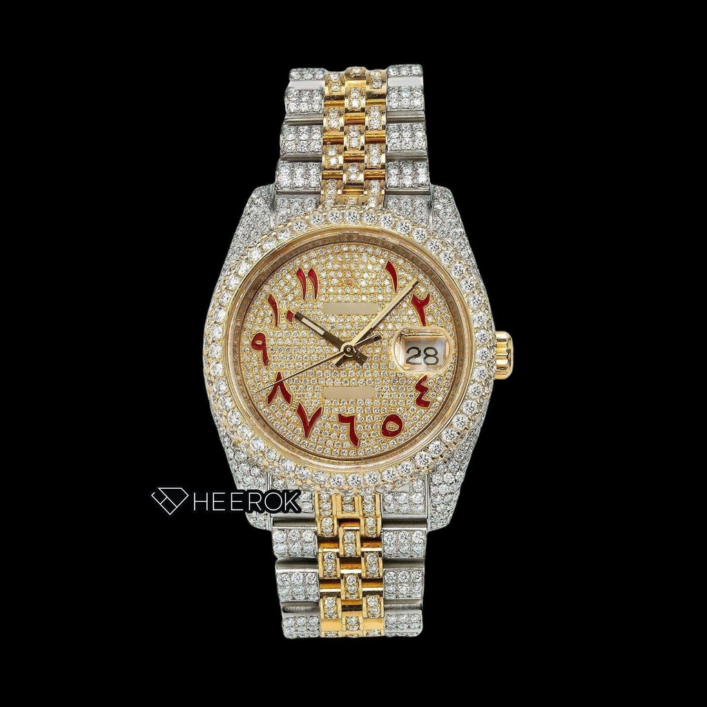Rolex Datejust Full Pave Yellow Dial Red Arabic Numerals Diamond Bezel Two Tone Yellow Gold Moissanite Diamond Jubilee Bracelet For Women