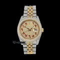 Rolex Datejust Full Pave Yellow Dial Red Arabic Numerals Diamond Bezel Two Tone Yellow Gold Moissanite Diamond Jubilee Bracelet For Women