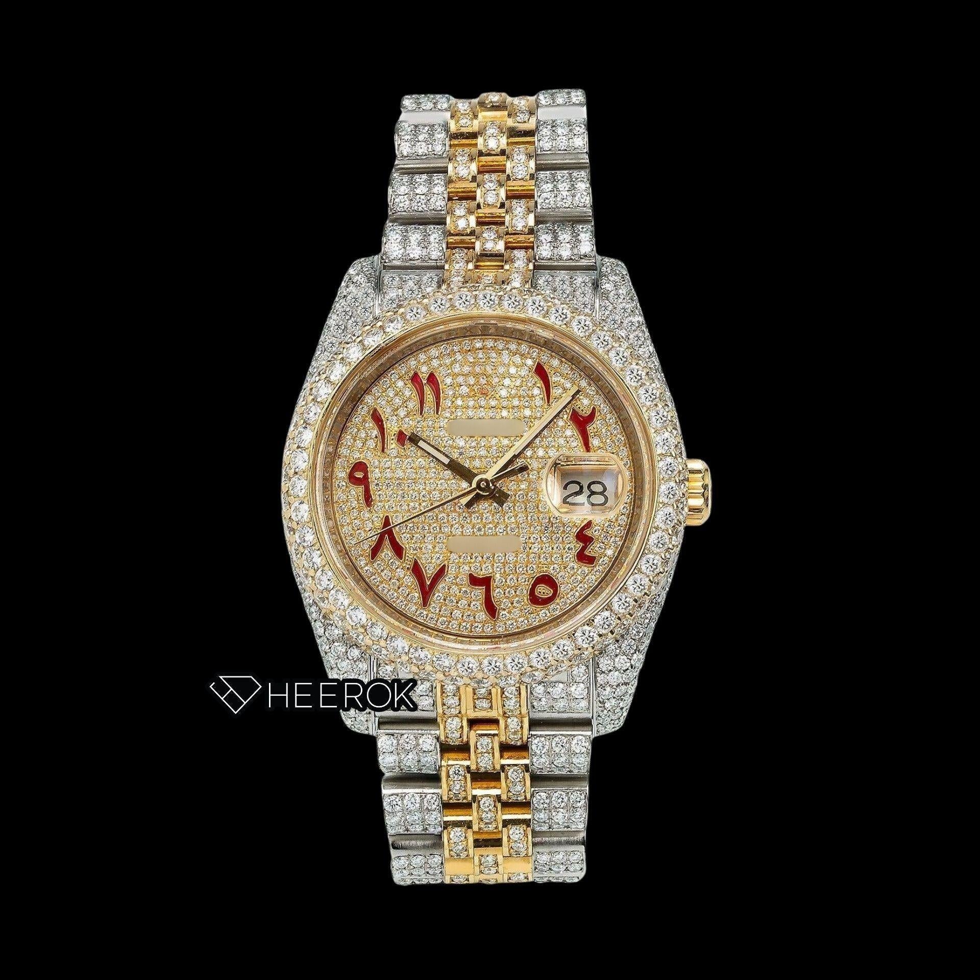 Rolex Datejust Full Pave Yellow Dial Red Arabic Numerals Diamond Bezel Two Tone Yellow Gold Moissanite Diamond Jubilee Bracelet For Women