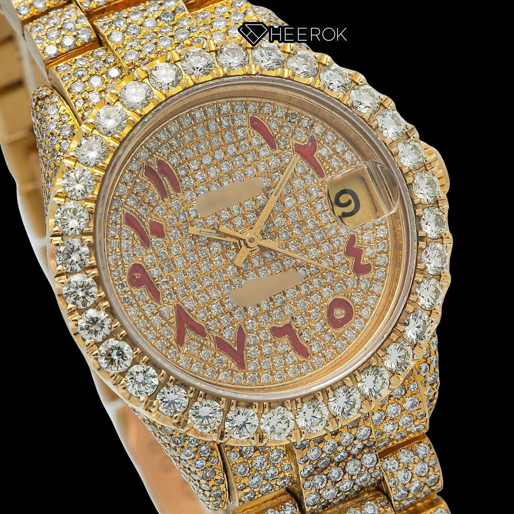 Rolex Datejust Full Pave Yellow Dial Red Arabic Numerals Diamond Bezel Yellow Gold Fully Iced Moissanite Diamond President Bracelet For Women
