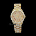Rolex Datejust Full Pave Yellow Dial Red Arabic Numerals Diamond Bezel Yellow Gold Fully Iced Moissanite Diamond President Bracelet For Women