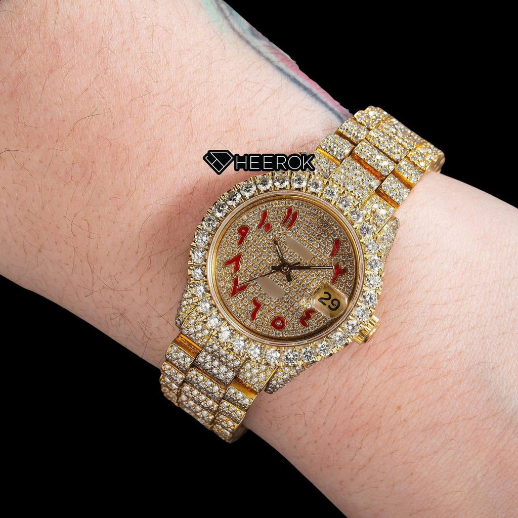Rolex Datejust Full Pave Yellow Dial Red Arabic Numerals Diamond Bezel Yellow Gold Fully Iced Moissanite Diamond President Bracelet For Women