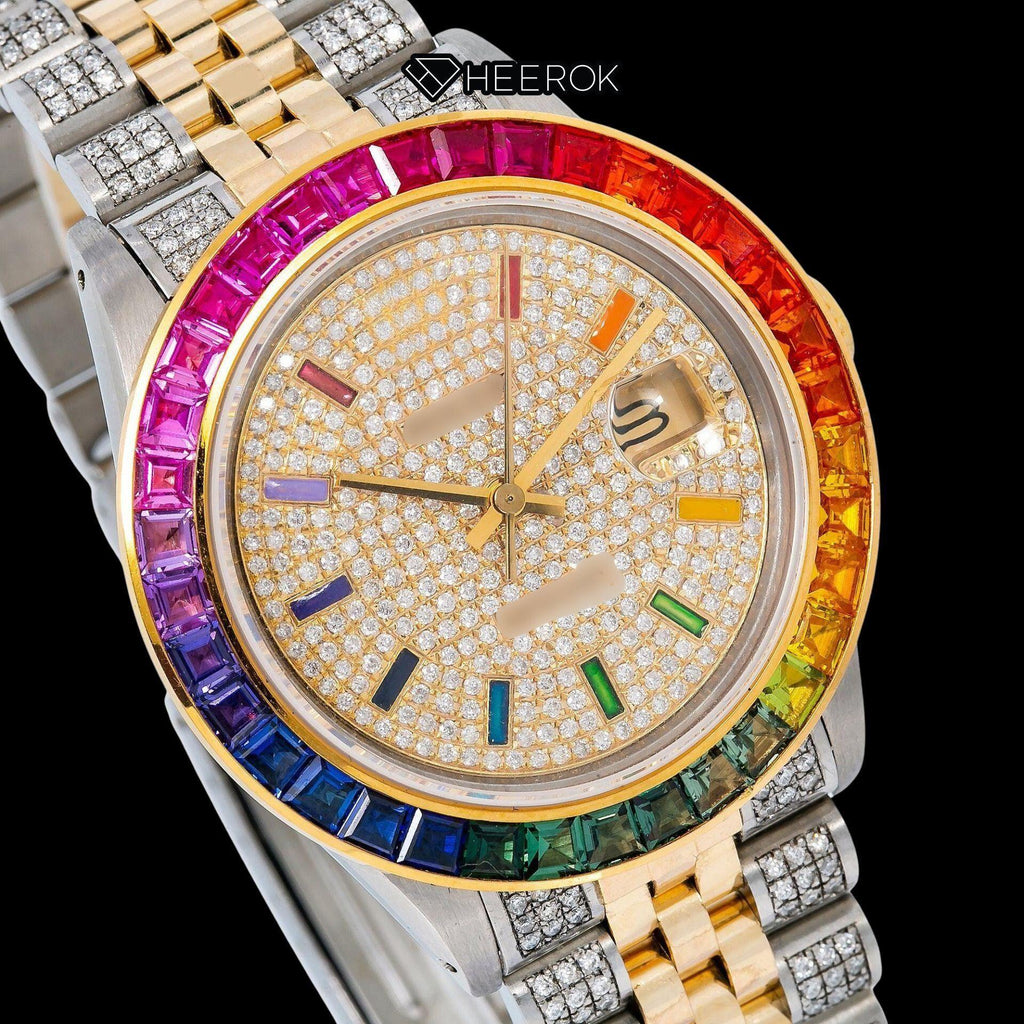 Rolex Datejust Full Paved Yellow Dial Multicolor Stick Markers Rainbow Diamond Bezel Two Tone Yellow Gold Semi Iced Moissanite Diamond Jubilee Bracelet Watch For Women