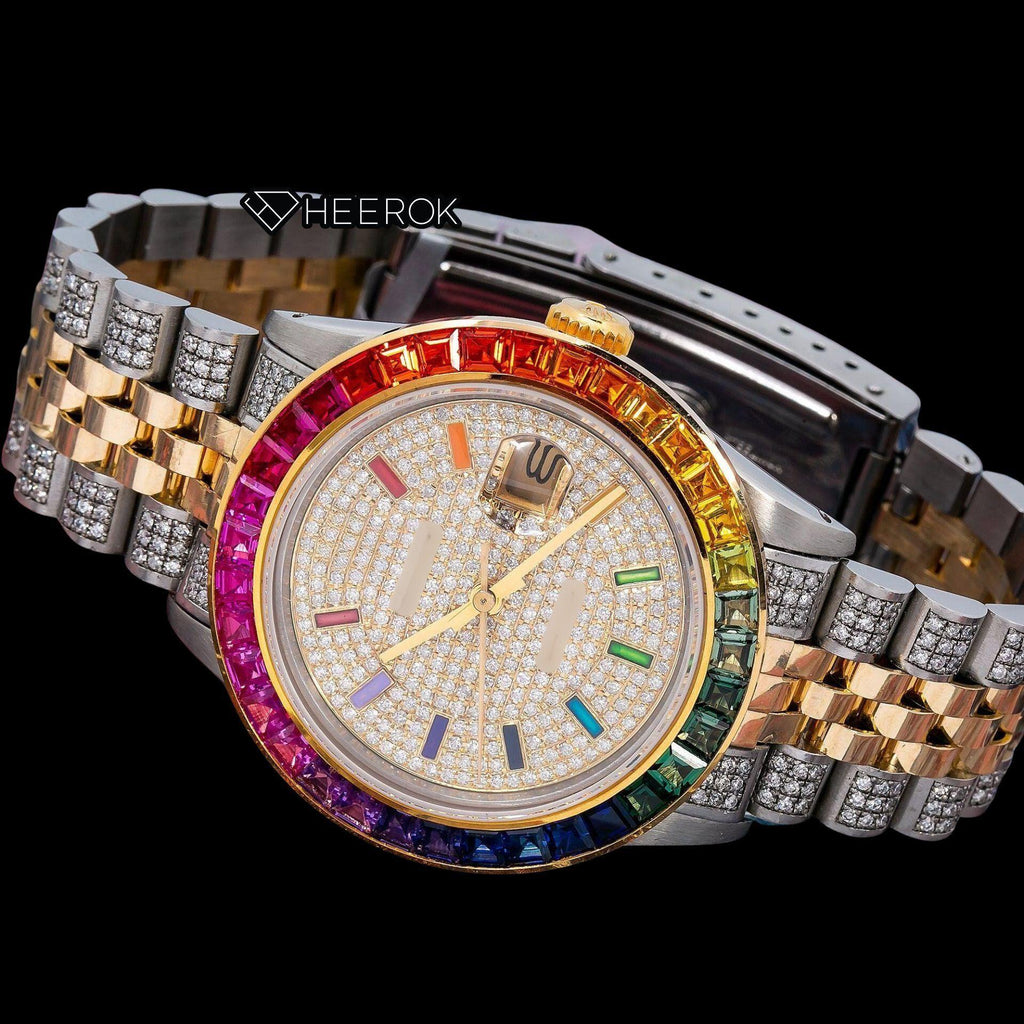 Rolex Datejust Full Paved Yellow Dial Multicolor Stick Markers Rainbow Diamond Bezel Two Tone Yellow Gold Semi Iced Moissanite Diamond Jubilee Bracelet Watch For Women