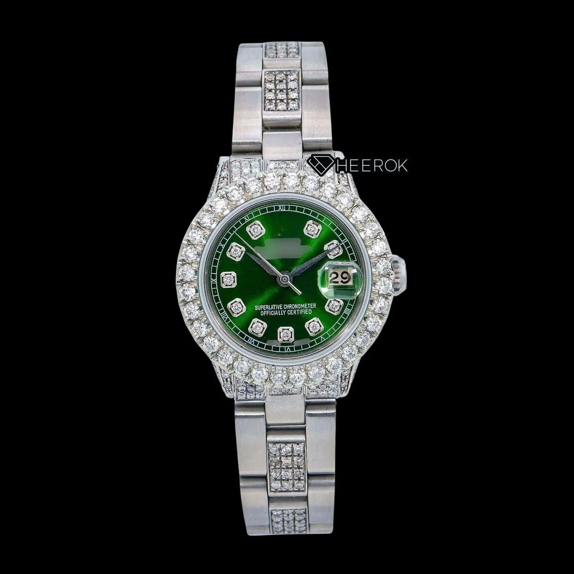 Rolex Datejust Green Dial Diamond Markers Diamond Bezel Semi Iced Moissanite Diamond Oyster Bracelet For Women
