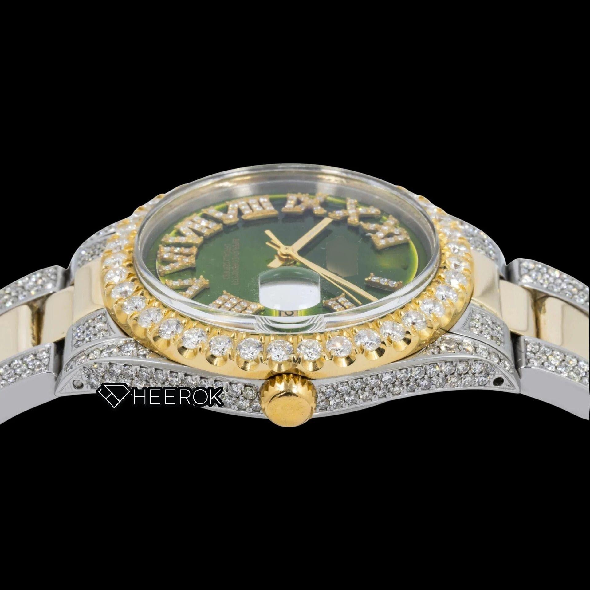 Rolex Datejust Green Dial Roman Diamond Numerals Diamond Bezel Two Tone Yellow Gold Semi Iced Moissanite Diamond Oyster Bracelet For Women