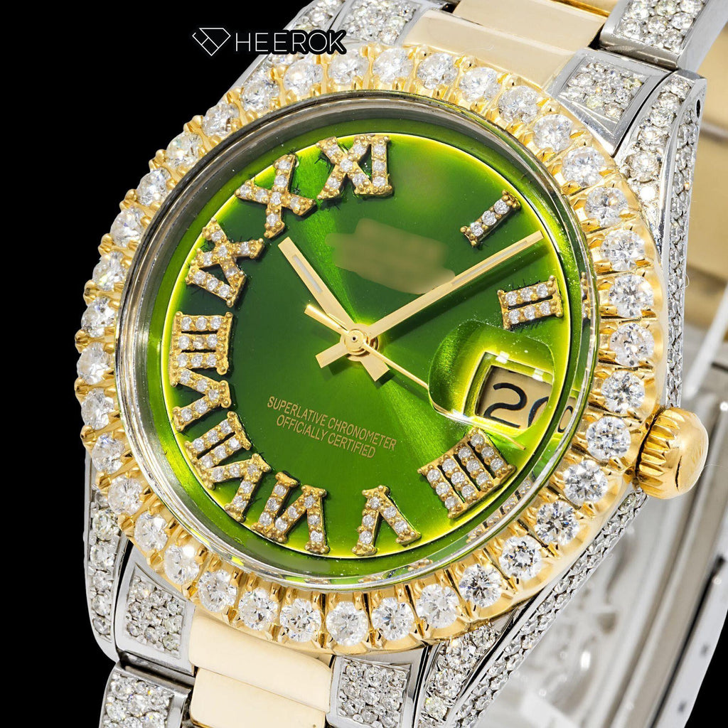 Rolex Datejust Green Dial Roman Diamond Numerals Diamond Bezel Two Tone Yellow Gold Semi Iced Moissanite Diamond Oyster Bracelet For Women