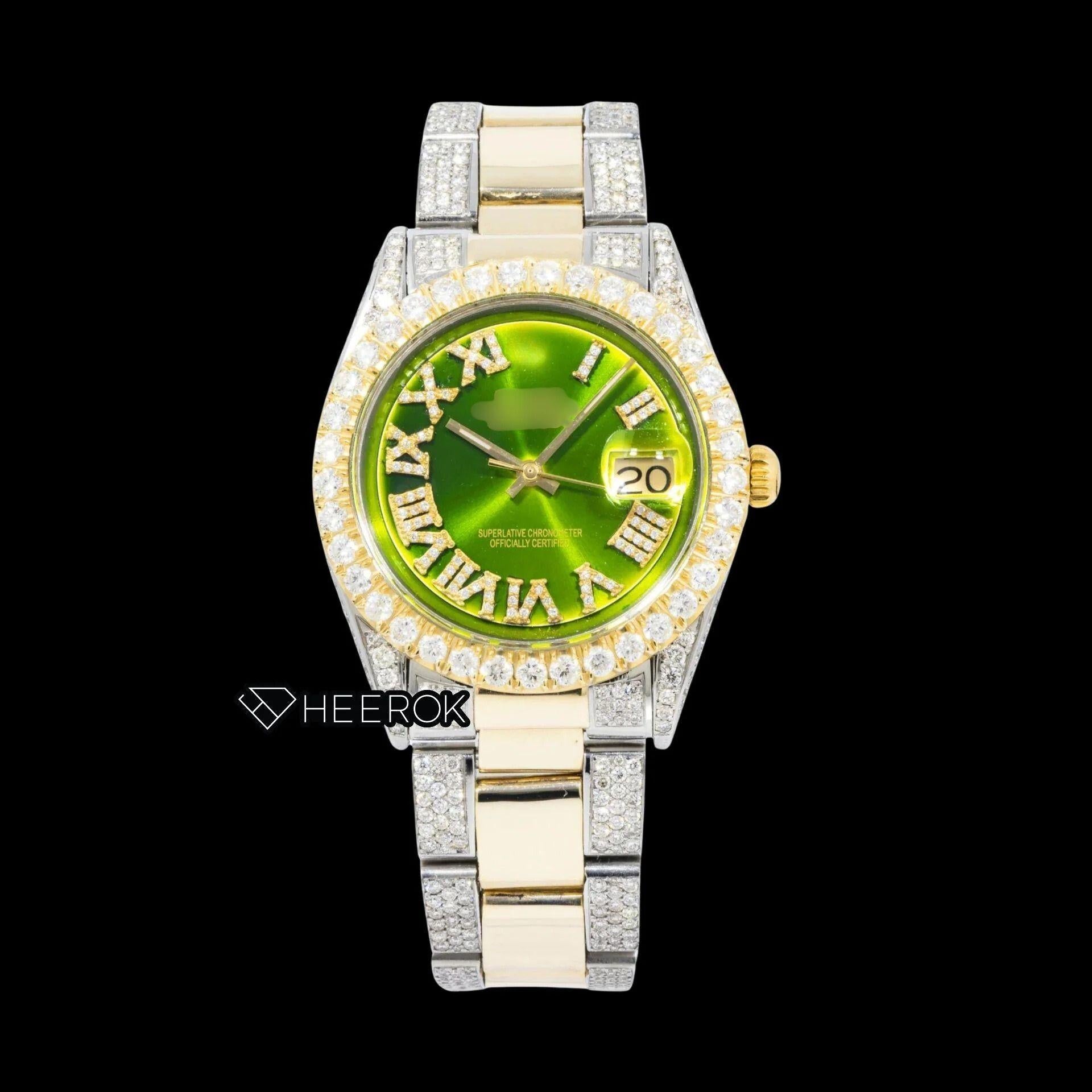 Rolex Datejust Green Dial Roman Diamond Numerals Diamond Bezel Two Tone Yellow Gold Semi Iced Moissanite Diamond Oyster Bracelet For Women