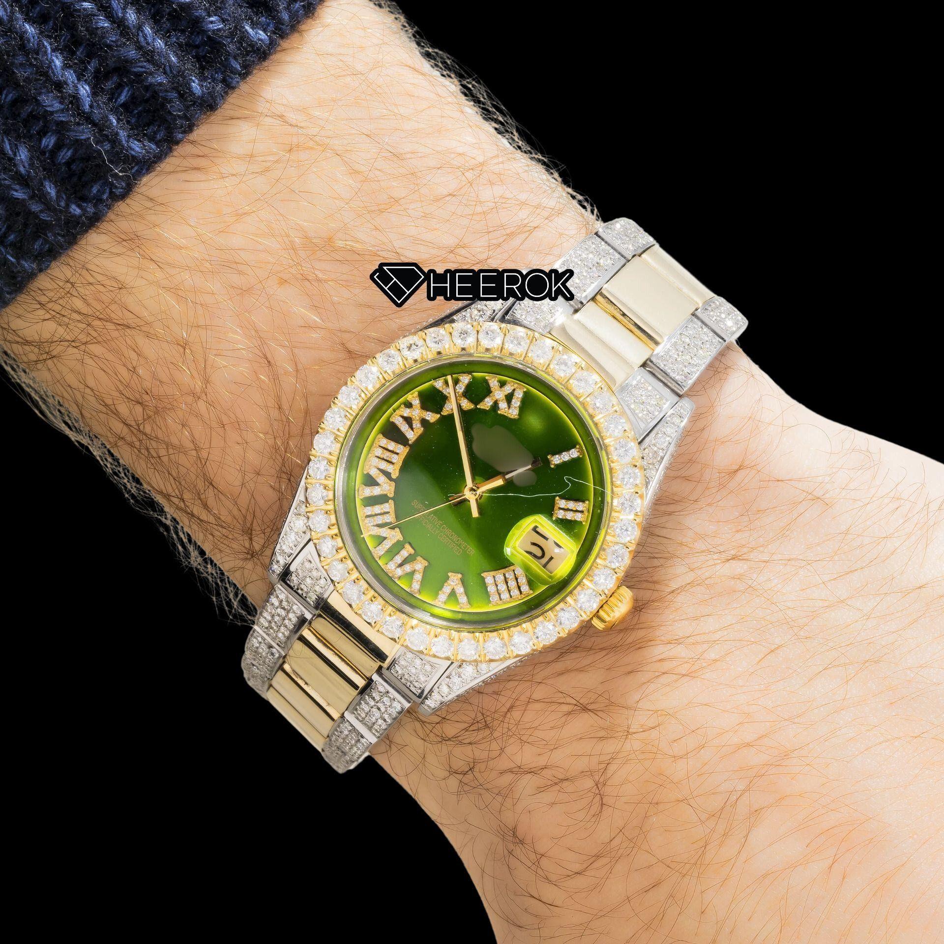 Rolex Datejust Green Dial Roman Diamond Numerals Diamond Bezel Two Tone Yellow Gold Semi Iced Moissanite Diamond Oyster Bracelet For Women
