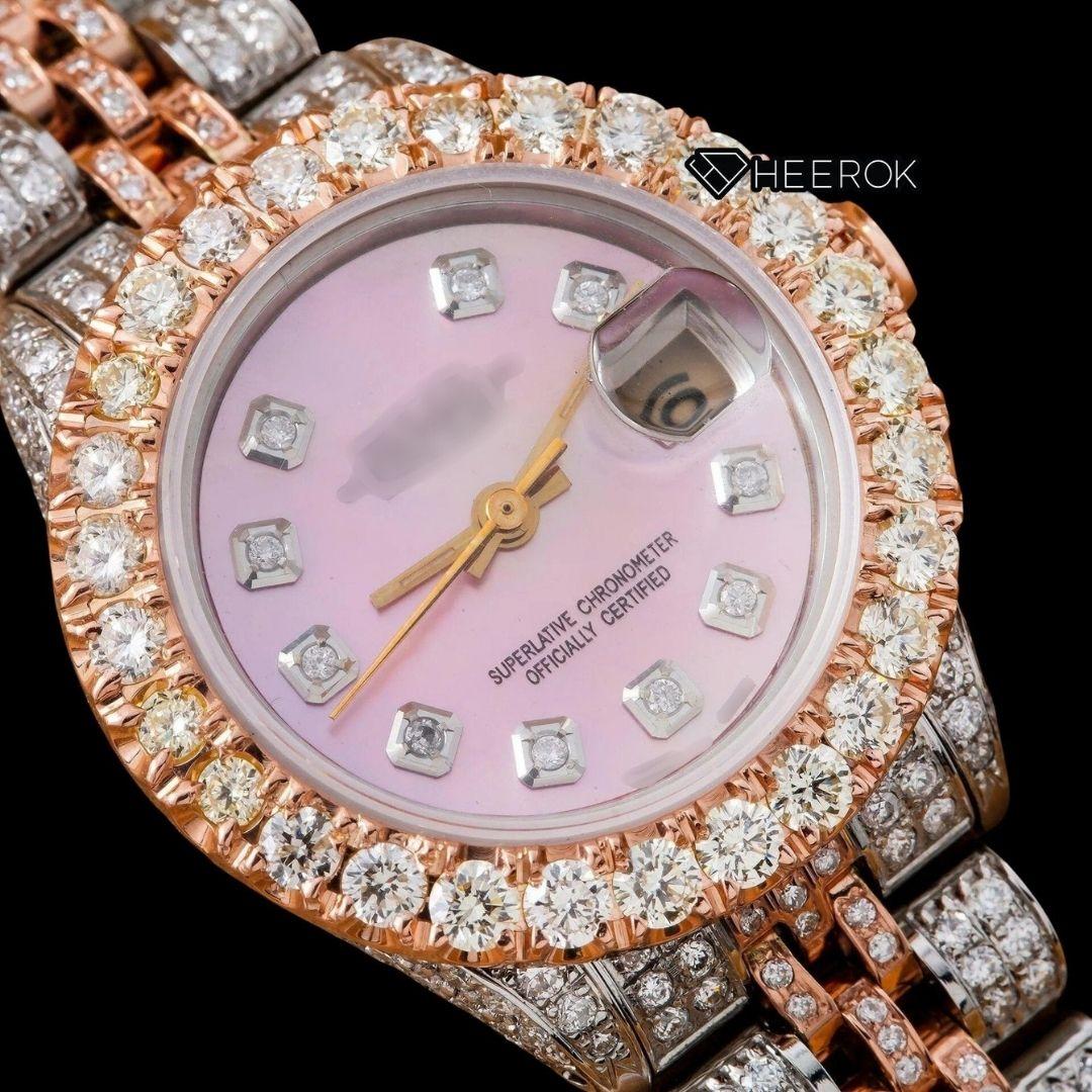 Rolex Datejust Pink Dial Diamond Markers Diamond Bezel Two Tone Rose Gold Fully Iced Moissanite Diamond Jubilee Bracelet For Women