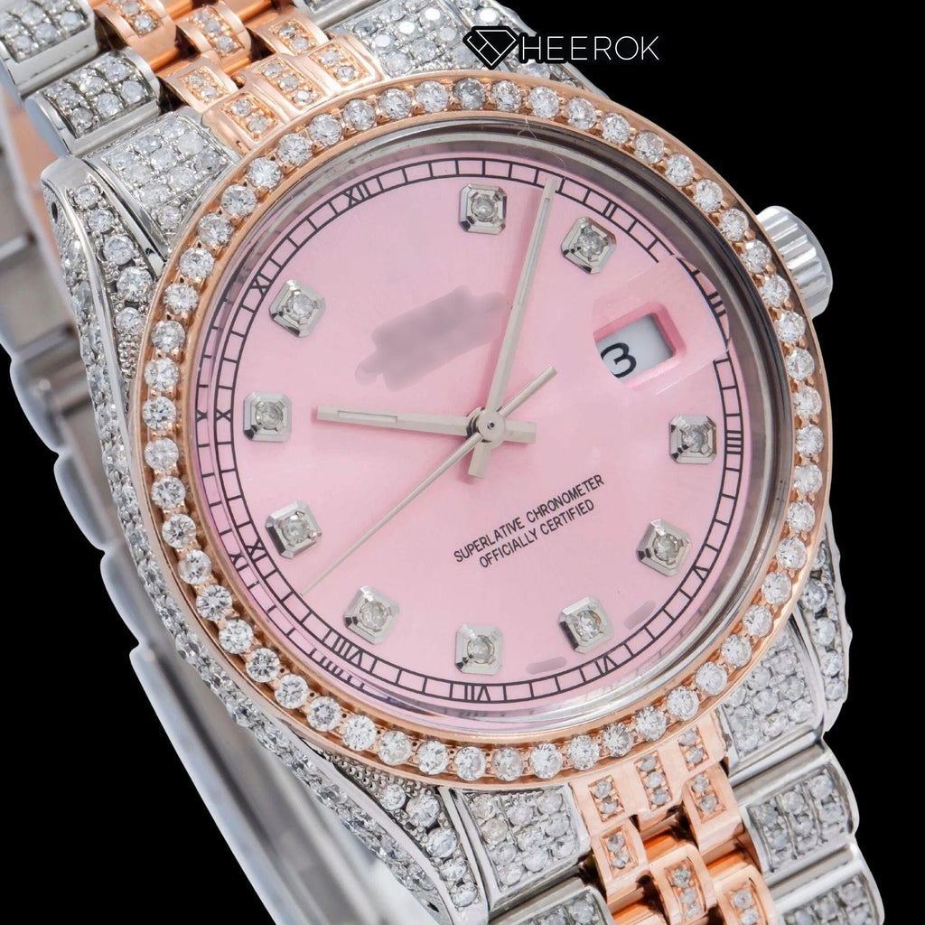 Rolex Datejust Pink Dial Diamond Markers Diamond Bezel Two Tone Rose Gold Moissanite Diamond Jubilee Bracelet For Women