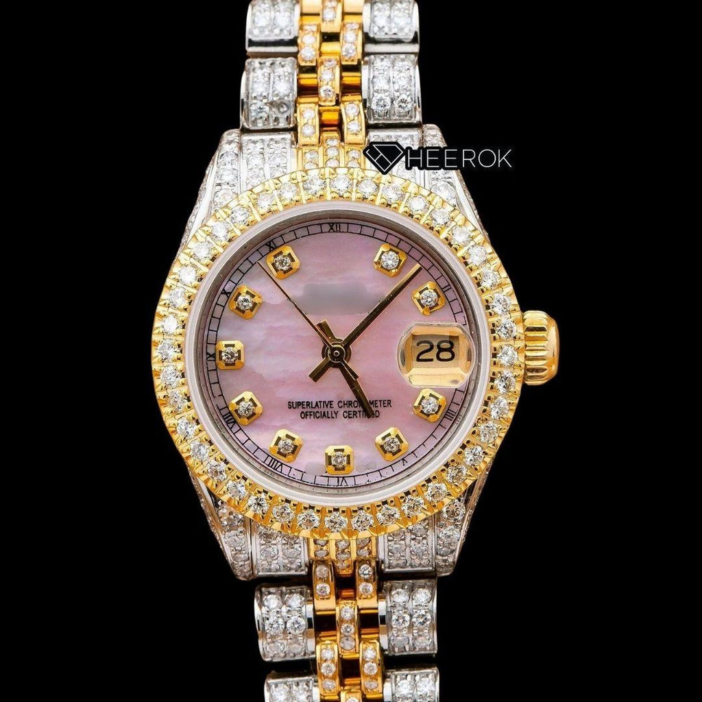Rolex Datejust Pink Dial Diamond Markers Diamond Bezel Two Tone Yellow Gold Fully Iced Moissanite Diamond Jubilee Bracelet For Women
