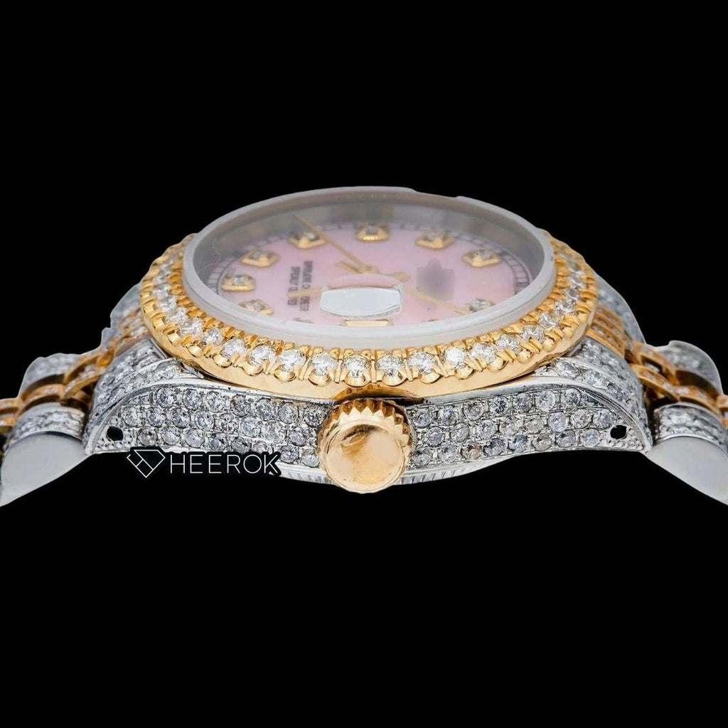 Rolex Datejust Pink Dial Diamond Markers Diamond Bezel Two Tone Yellow Gold Fully Iced Moissanite Diamond Jubilee Bracelet For Women