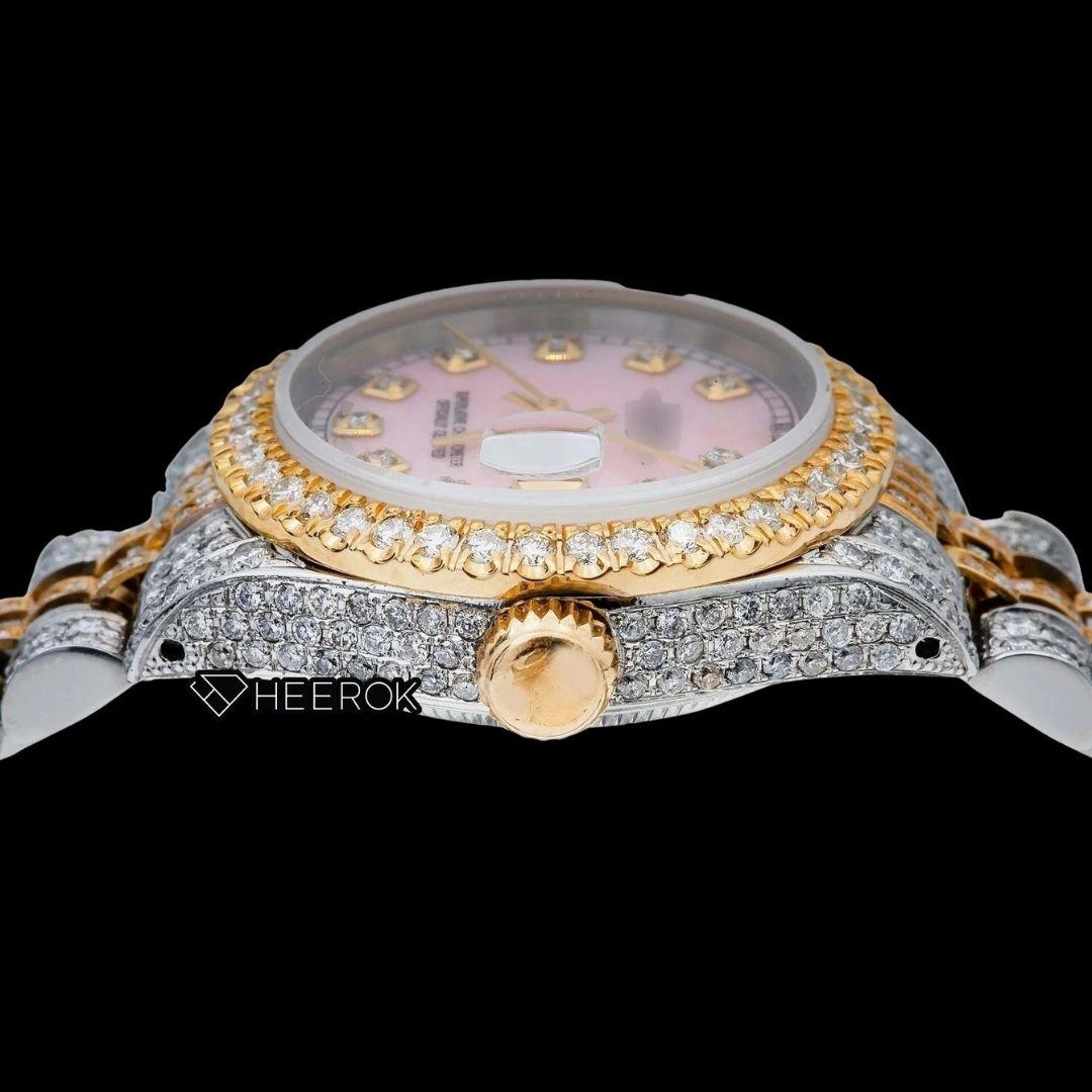 Rolex Datejust Pink Dial Diamond Markers Diamond Bezel Two Tone Yellow Gold Fully Iced Moissanite Diamond Jubilee Bracelet For Women