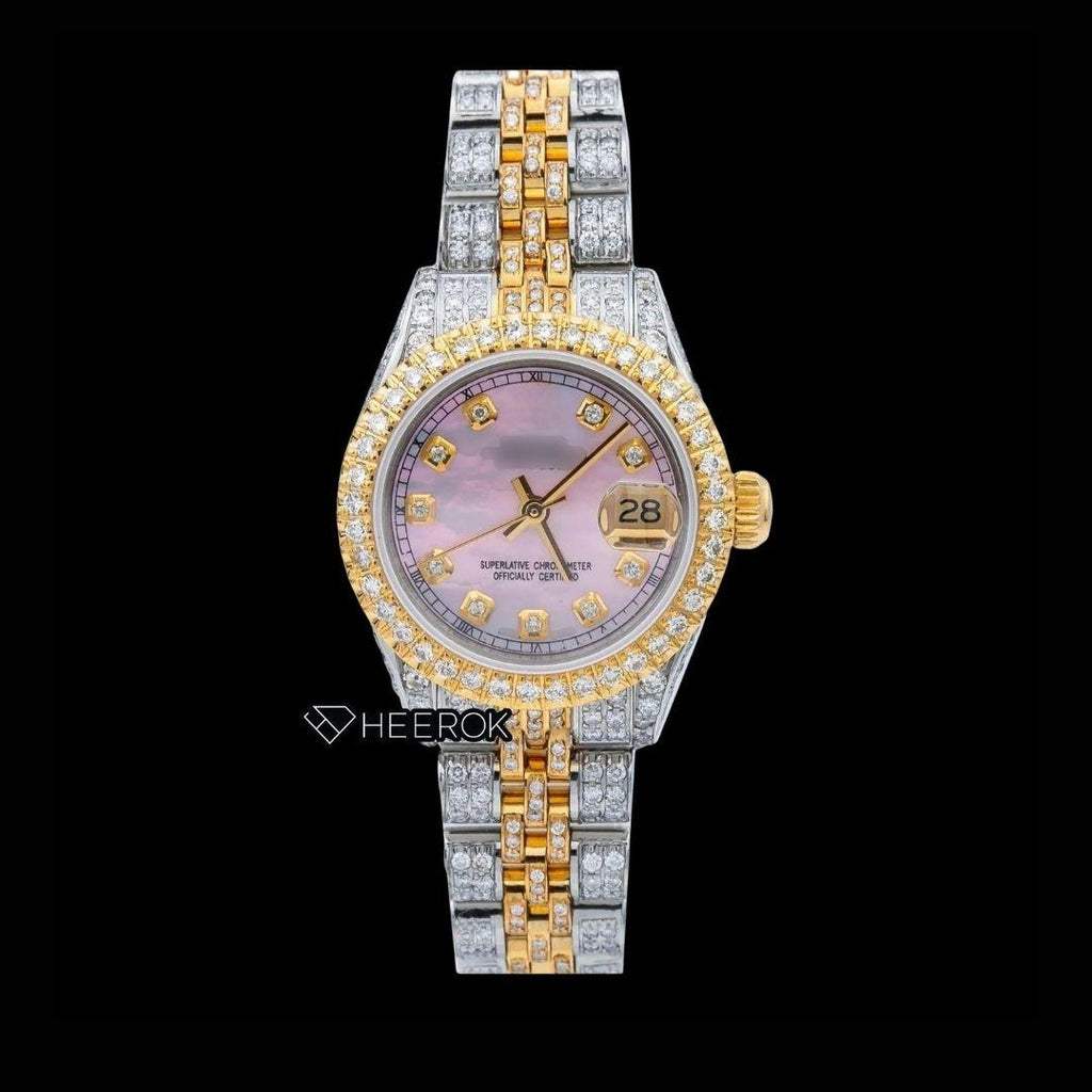 Rolex Datejust Pink Dial Diamond Markers Diamond Bezel Two Tone Yellow Gold Fully Iced Moissanite Diamond Jubilee Bracelet For Women
