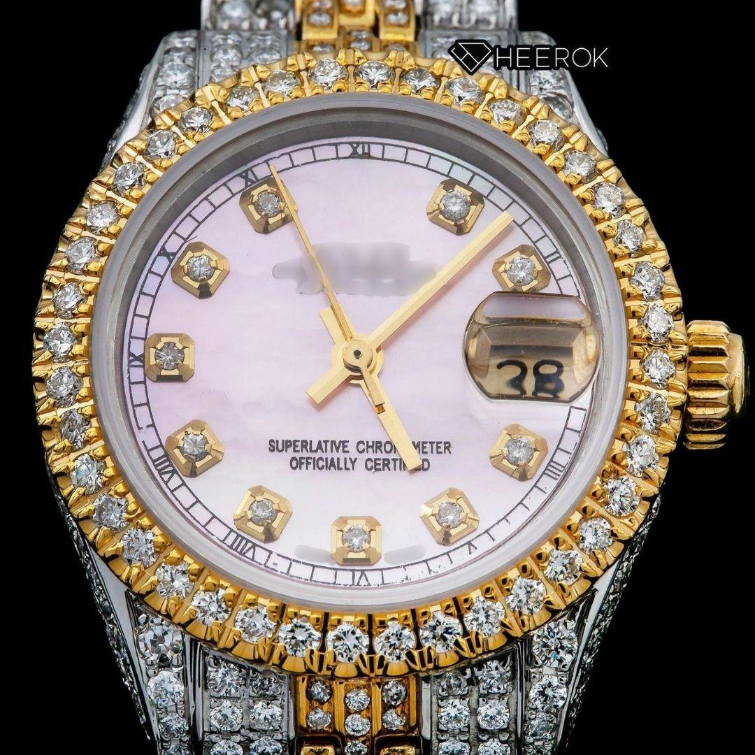Rolex Datejust Pink Dial Diamond Markers Diamond Bezel Two Tone Yellow Gold Fully Iced Moissanite Diamond Jubilee Bracelet For Women