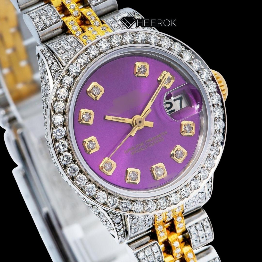 Rolex Datejust Purple Dial Diamond Markers Diamond Bezel Two Tone Yellow Gold Moissanite Diamond Jubilee Bracelet For Women