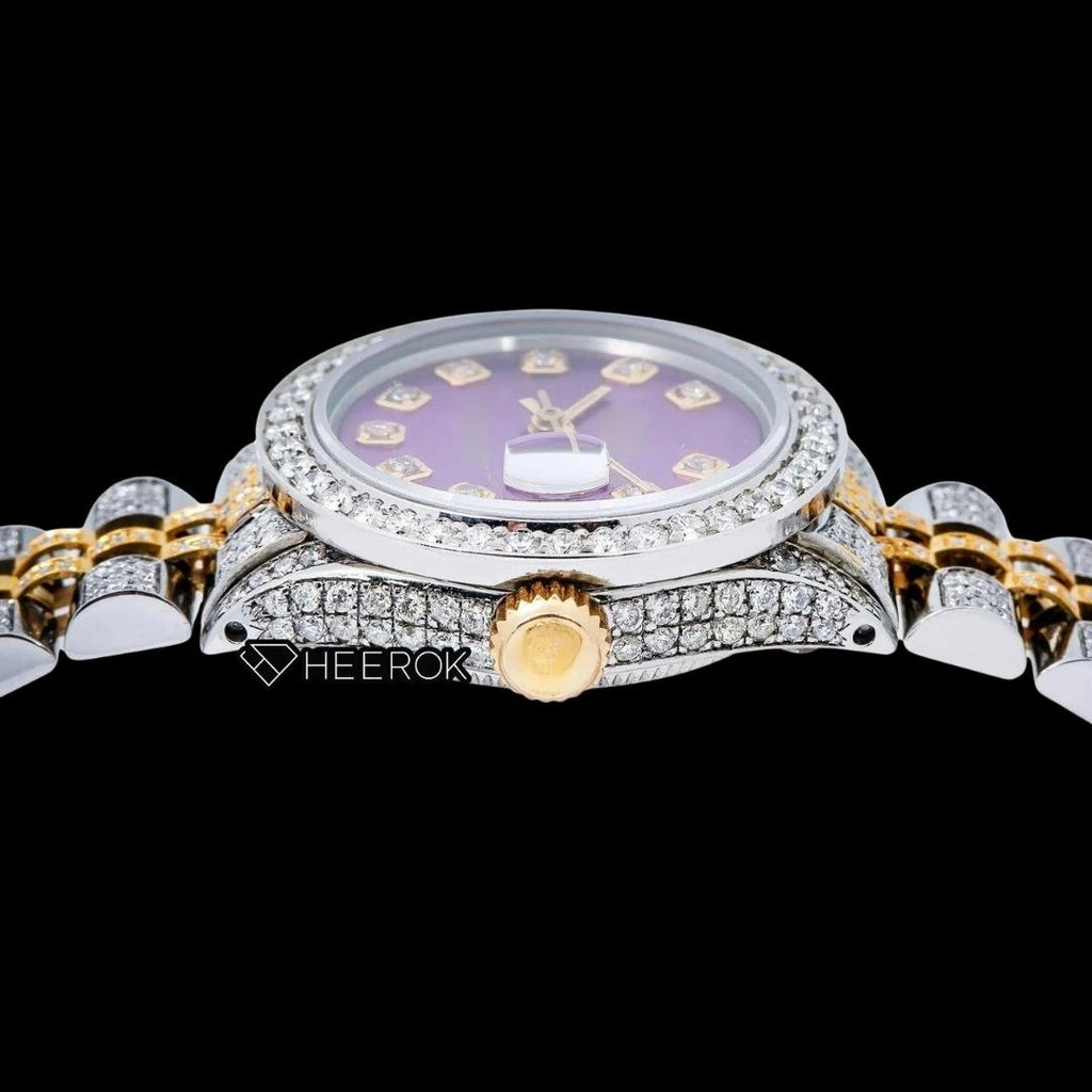 Rolex Datejust Purple Dial Diamond Markers Diamond Bezel Two Tone Yellow Gold Moissanite Diamond Jubilee Bracelet For Women