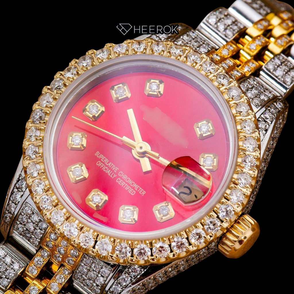 Rolex Datejust Red Dial Diamond Markers Diamond Bezel Two Tone Yellow Gold Moissanite Diamond Jubilee Bracelet For Women
