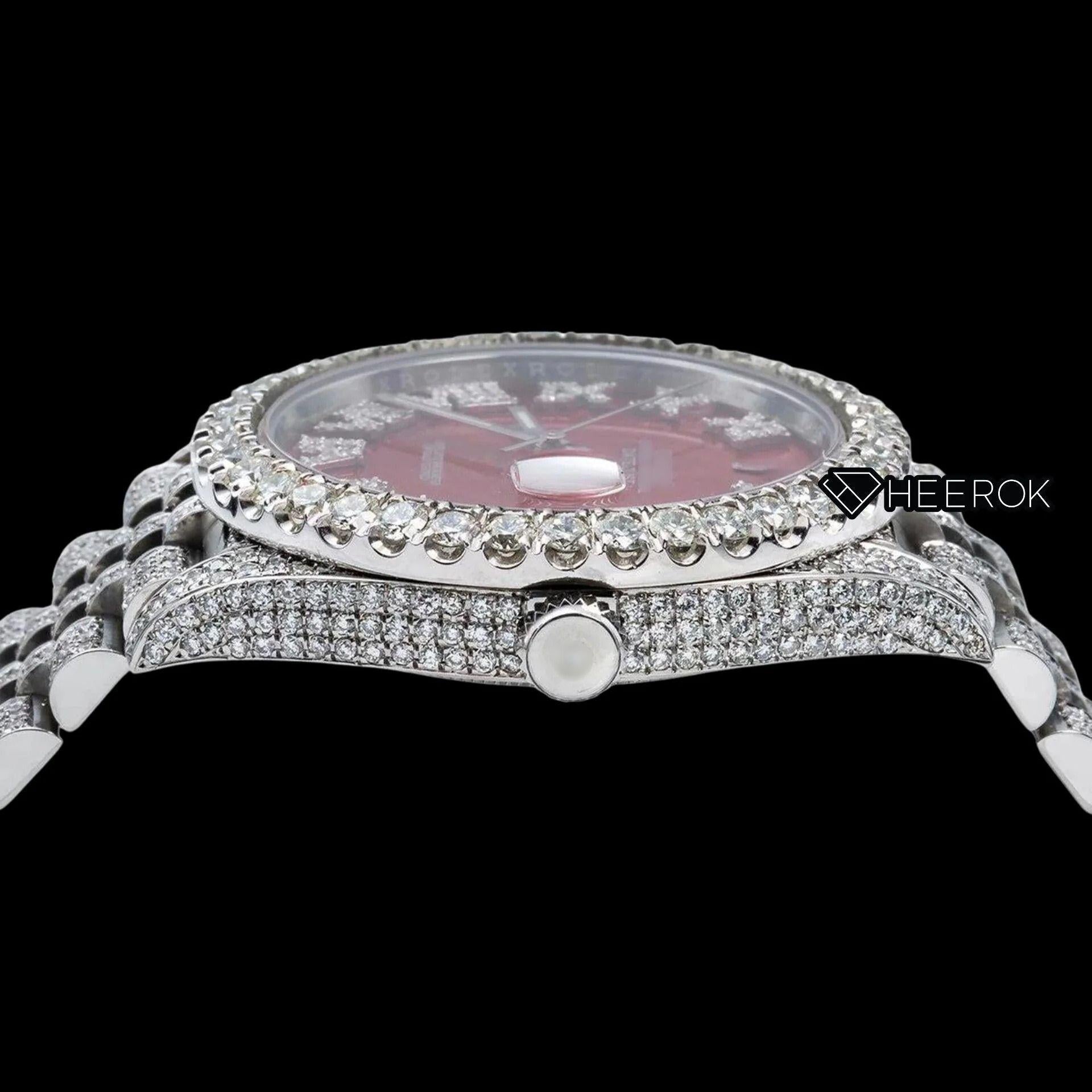 Rolex Datejust  Red Dial Roman Diamond Numerals Diamond Bezel Fully Iced Moissanite Diamond Jubilee Bracelet Watch