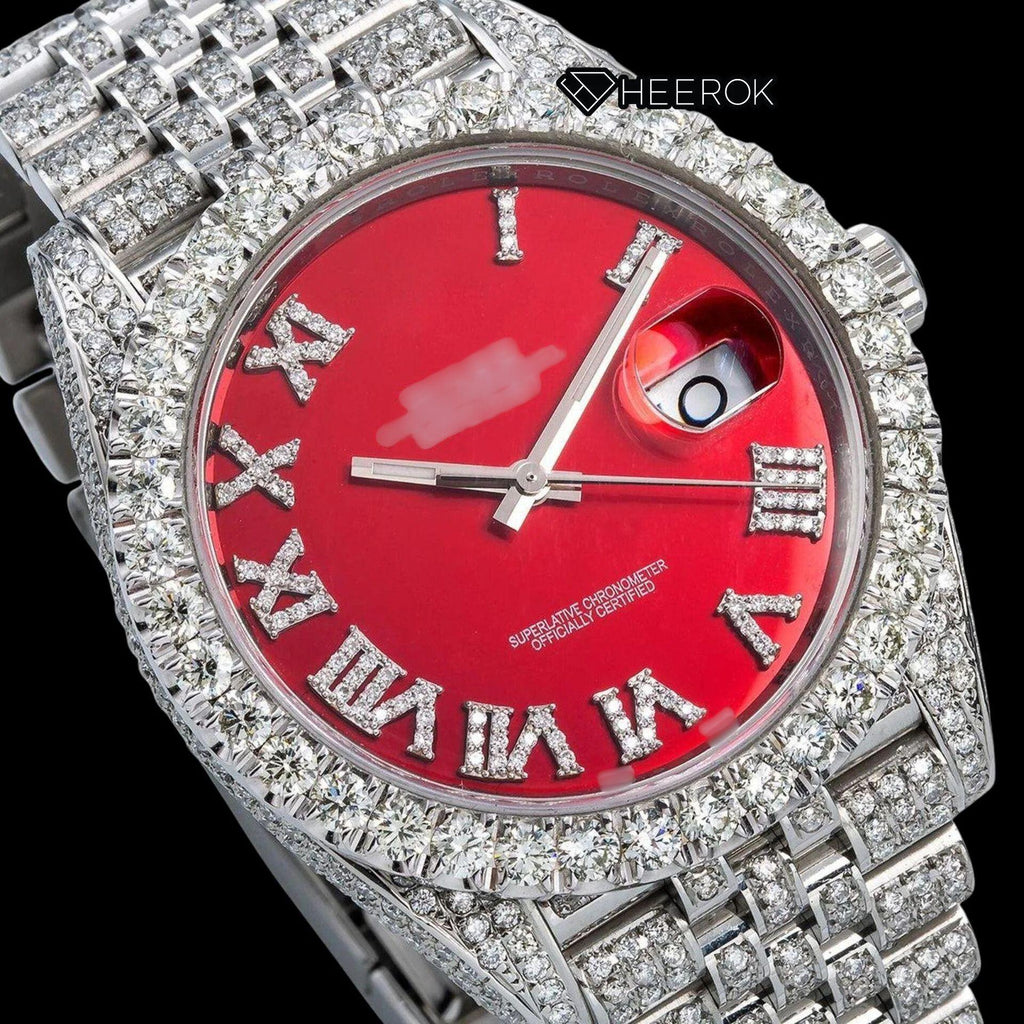 Rolex Datejust  Red Dial Roman Diamond Numerals Diamond Bezel Fully Iced Moissanite Diamond Jubilee Bracelet Watch