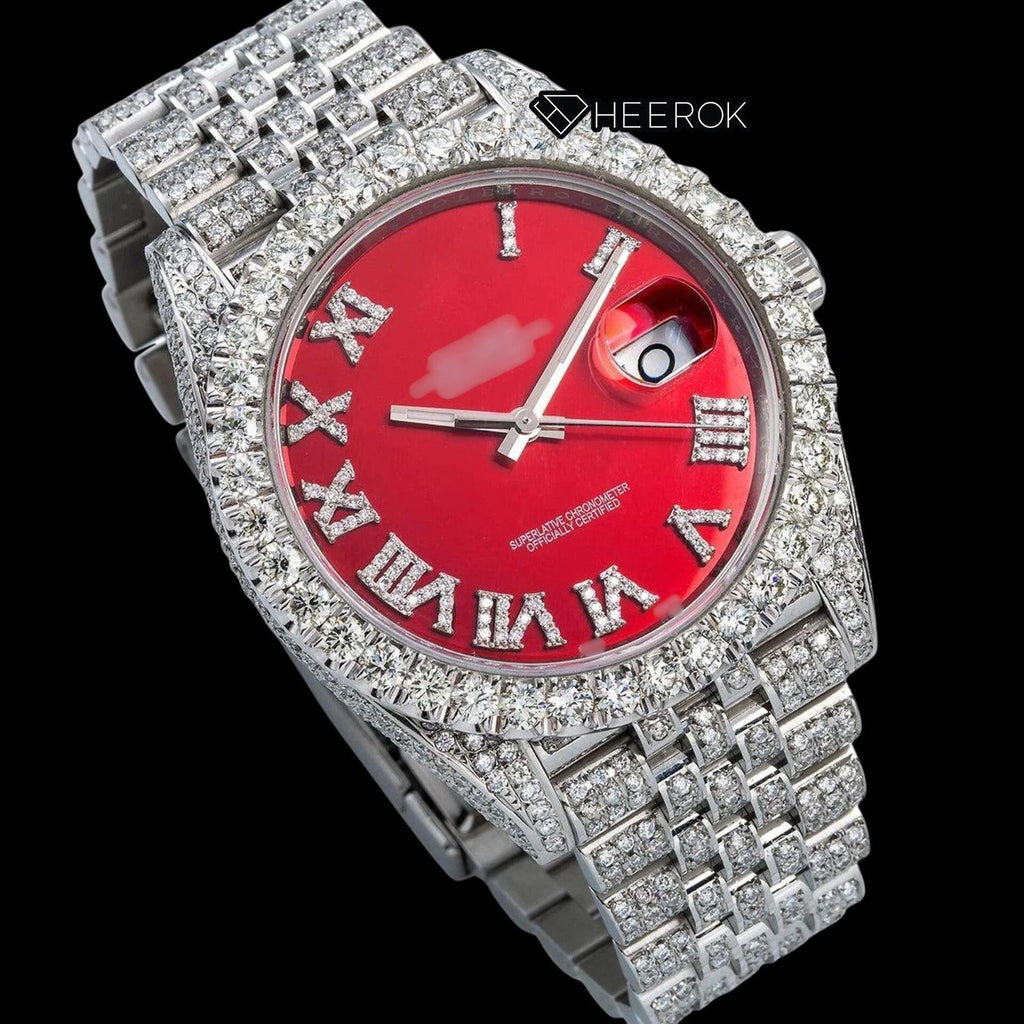 Rolex Datejust  Red Dial Roman Diamond Numerals Diamond Bezel Fully Iced Moissanite Diamond Jubilee Bracelet Watch