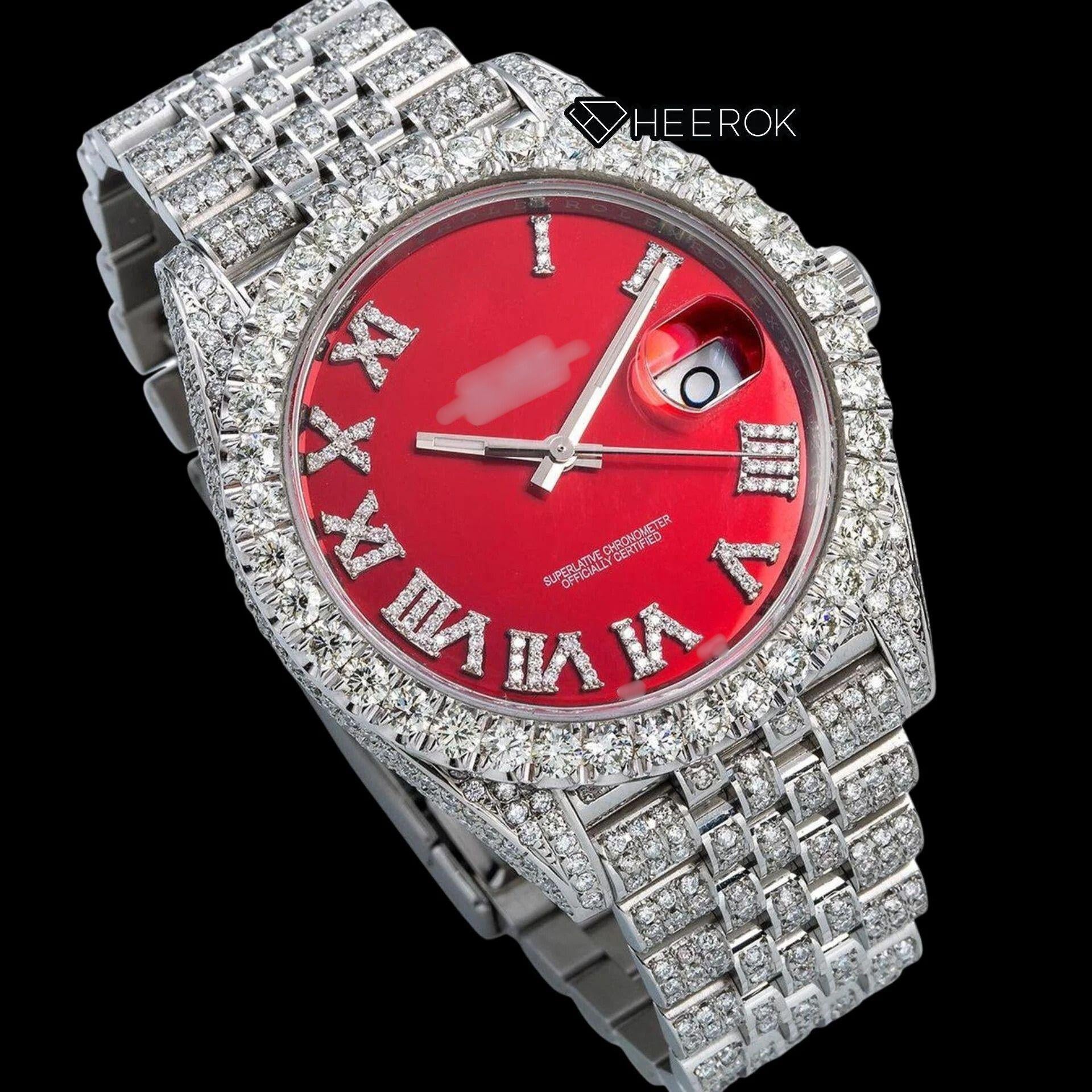Rolex Datejust  Red Dial Roman Diamond Numerals Diamond Bezel Fully Iced Moissanite Diamond Jubilee Bracelet Watch