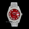 Rolex Datejust  Red Dial Roman Diamond Numerals Diamond Bezel Fully Iced Moissanite Diamond Jubilee Bracelet Watch